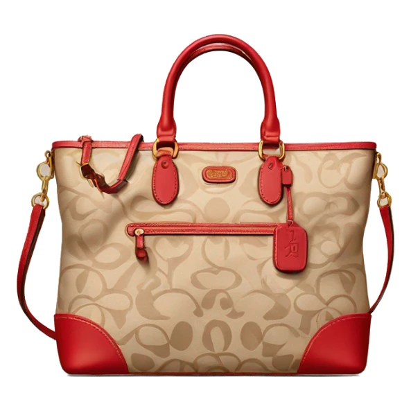 Beige Designer Coach bag with red monogram and beige trim sticker