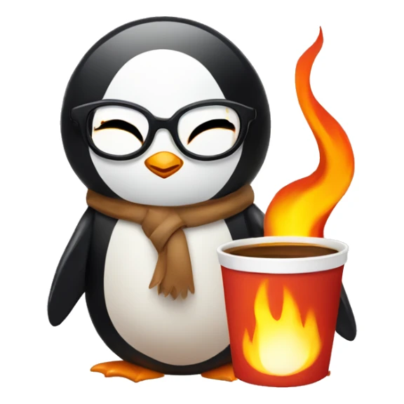 Illustrate a calm penguin with prescription glasses, holding a coffee cup, surrounded by flames. The cat has a relaxed expression with closed eyes, unfazed by the fire. sticker