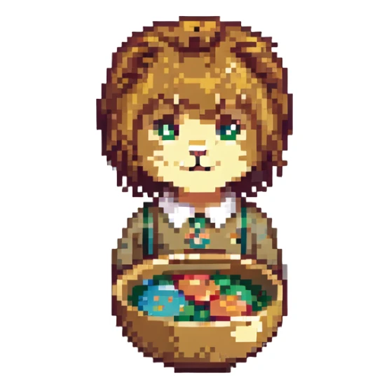 lion with a bowl haircut, straight bangs, cute and expressive, pixel art style sticker