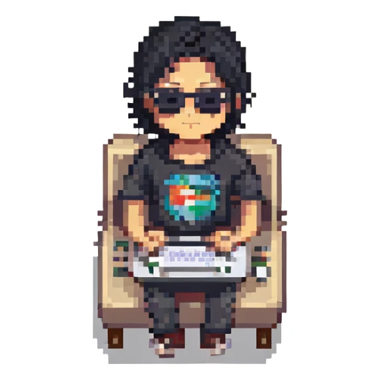 Freelancer, Asian male, black hair, sunglasses, using a laptop, pixel art style sticker