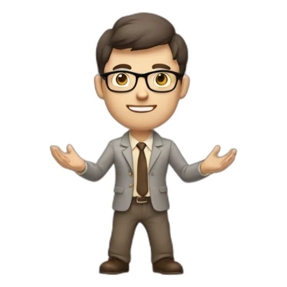To belt Actively gesturing with hands Pale skinned fit man with dark brown hair in gray jacket, beige office shirt, brown tie, brown pants and vintage glasses. sticker