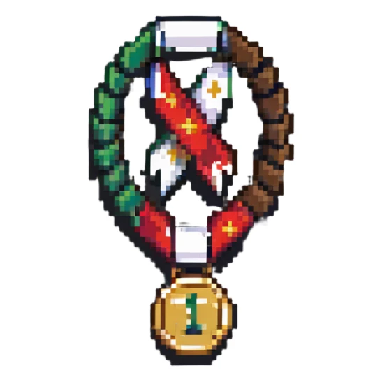 A colorful sponsor ribbon badge with a medal sticker