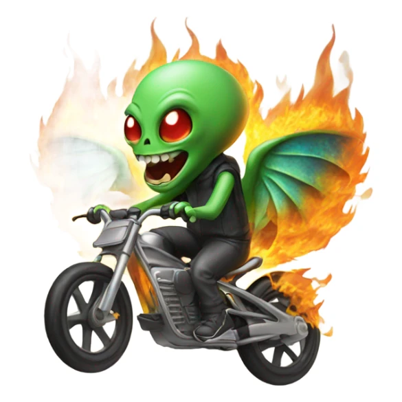 Alien with wings on a bike that’s on fire  sticker