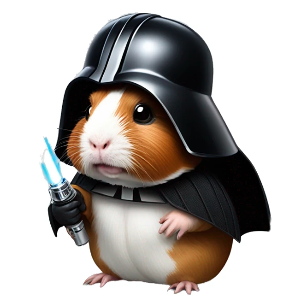 Guinea pig as Darth Vader next to the Death Star holding a red light saber sticker