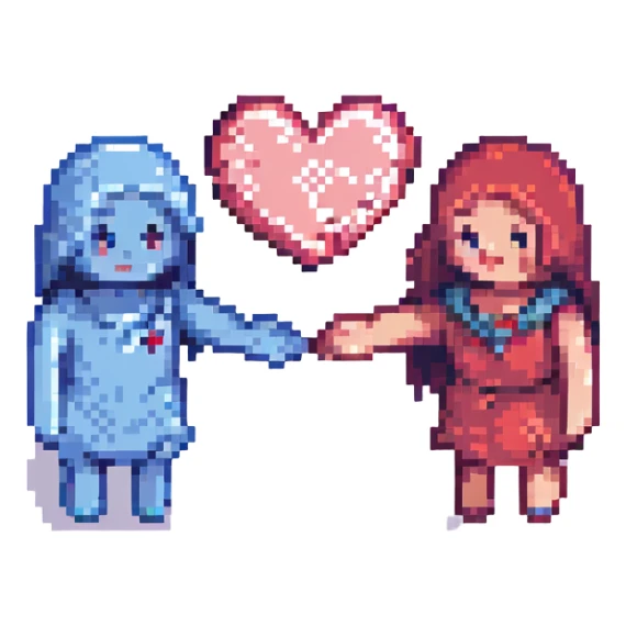 two pixelated characters holding hands with hearts, playful and cute, no explicit content sticker