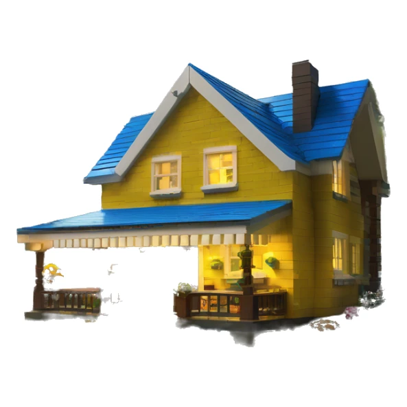  very very big Lego Cabin near a big tree.  Thick moss growing on the roofs. grass fields. porch lights turned off. bright white interior lights turned off. guests sitting in chairs on the porch, flowers and bushes are yellow and blue. sticker