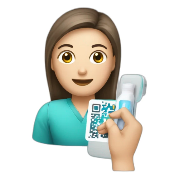 Un emoji di una persona comune che con uno smartphone scansiona un codice QR da un flacone di medicinale. sticker