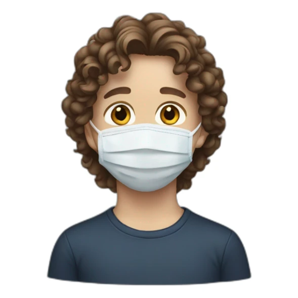 White Young boy with long brown curly hair and Covid facemask sticker