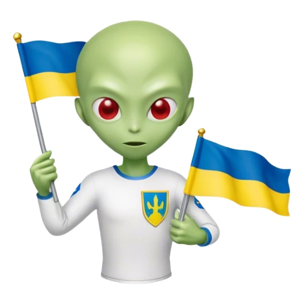 Green alien in Shirt 👚 vyshyvanka, white with red embodiary on sleeved, with 🇺🇦 Ukraine flag in a hand sticker