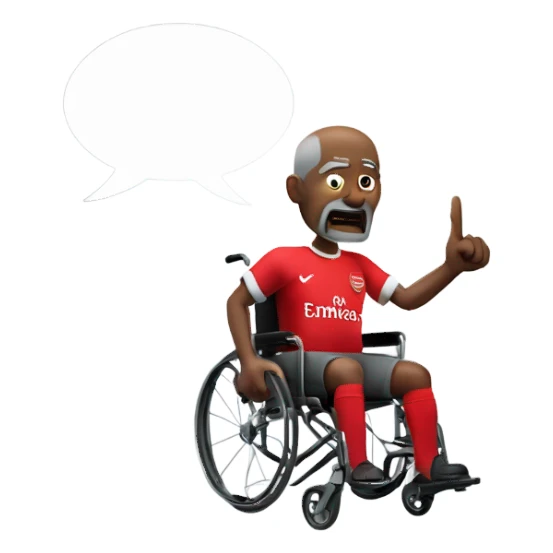 old black bald man with a round belly in wheelchair. angry face. grey stubble. he is pointing finger in front. wearing Arsenal soccer shirt. a speech bubble with the word: "Mojdeh!" sticker