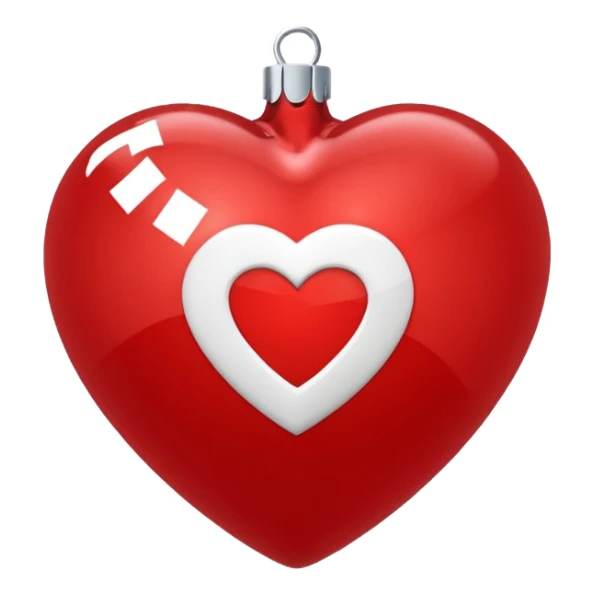red Christmas heart-shaped ball with white "S" logo sticker
