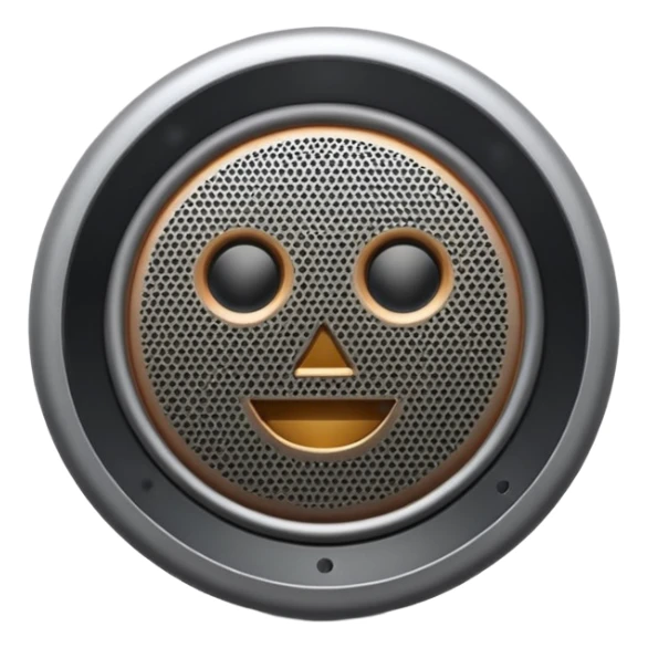 Minimal emoji icon of a modern metallic speaker, front view, detailed geometry, dark metallic body, subtle highlights, isolated sticker