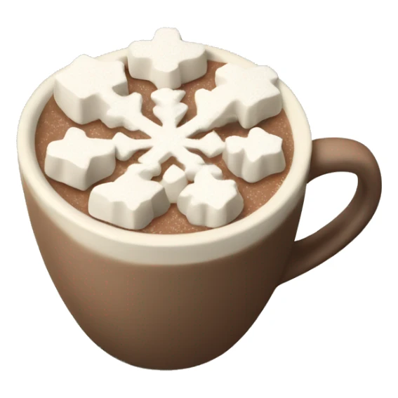 A cup of hot chocolate in a textured cream colored mug with snowflake shaped marshmallows on top sticker