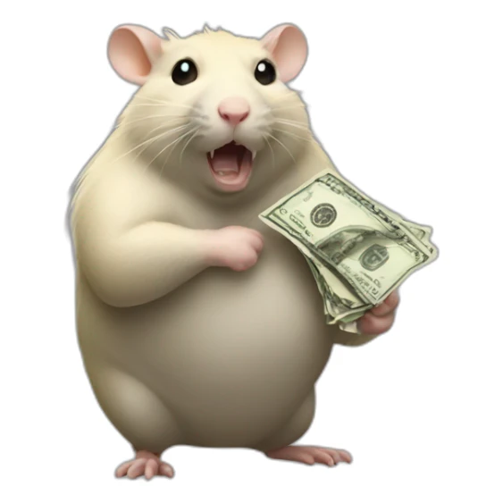 Angry fat Rat standing up with long blond hair holding money sticker