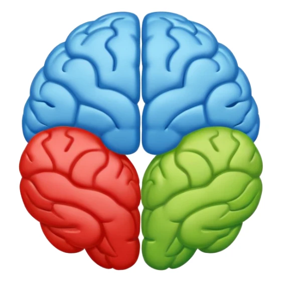 brain emoji inspired by Google's branding, using blue red yellow and green, modern and friendly sticker