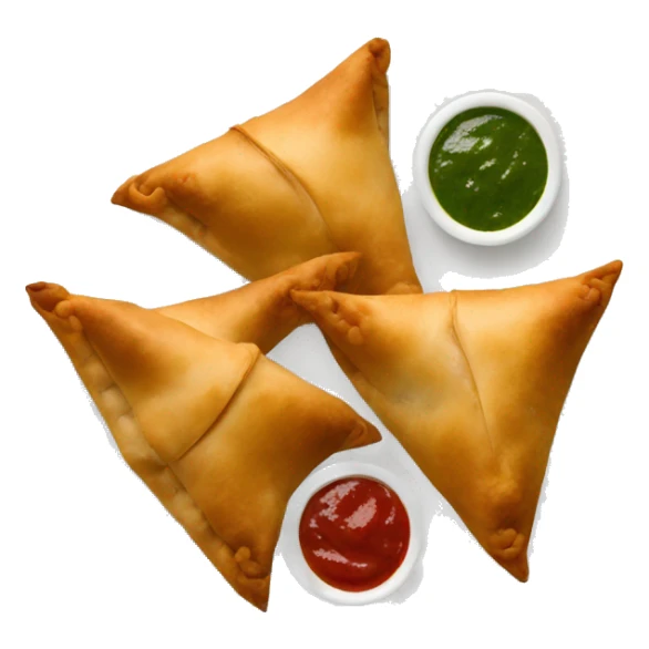 Samosas with red and green chutney on the side sticker