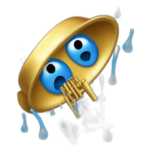 crying trombone. a tongue pokes out of its bell, which is its frowning mouth. two squeezed tight cartoonish eyes rest on top of it, from which big blue tears spray sticker