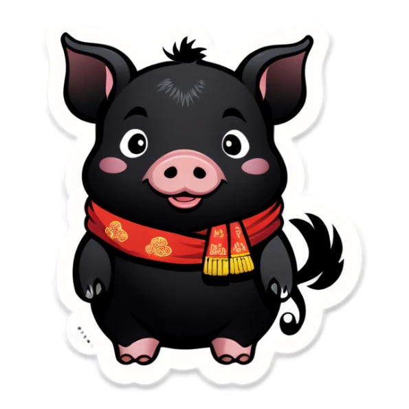 A black piglet wearing korean traditional cloth with "luck” written on cloth. sticker