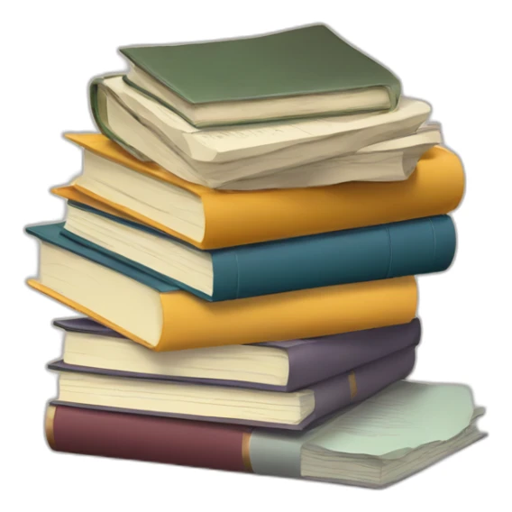 A pile of books, a pile of papers, a computer sticker