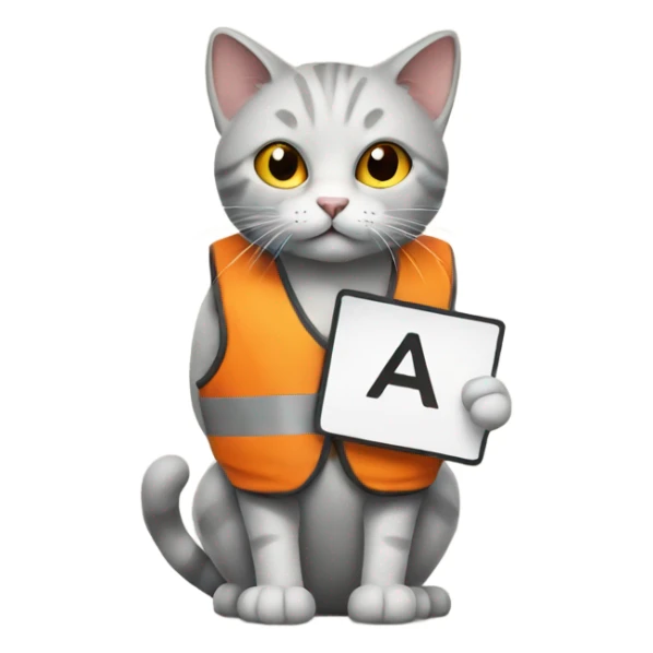 cat with a sign and an orange vest sticker