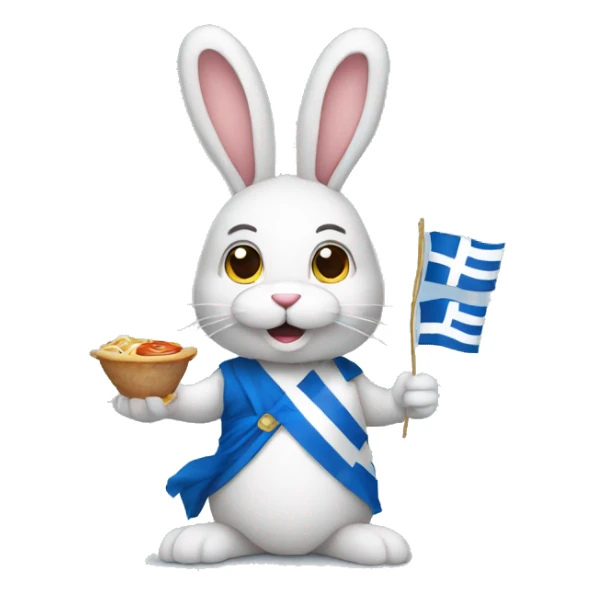Easter bunny wearing a Greek flag holding a gyros sticker