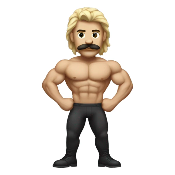 a flexing muscular man with a mustache and a mullet sticker