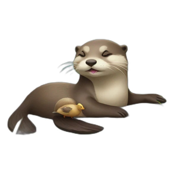 otter holding hands with a duck while sleeping on the water with a pebble on the belly sticker