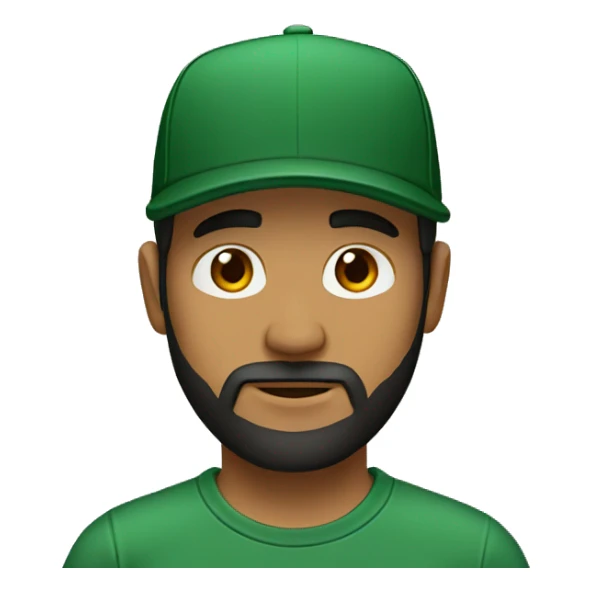 brown man with a dark beard, dark eyes, dark green t-shirt and a black cap sticker