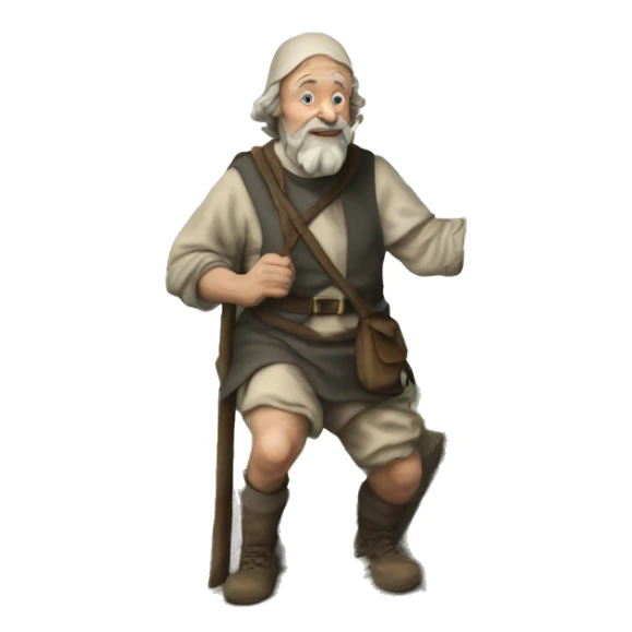 a realistic watercolo style Pilgrim from John Bunyan's Book climbing a mountain next to a cross sticker