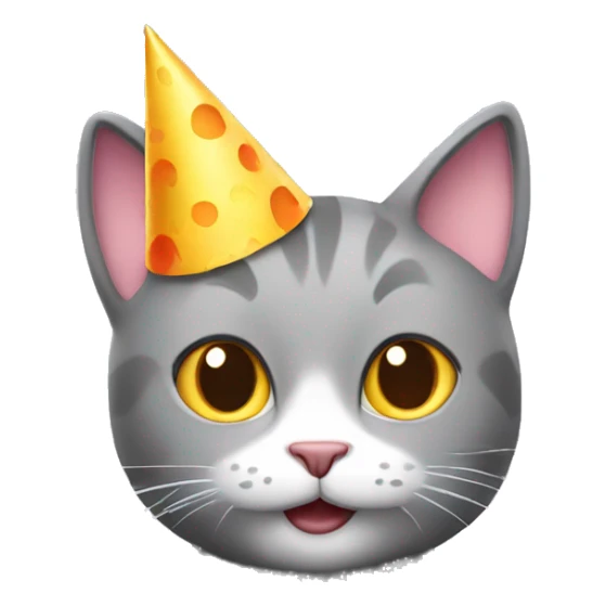 grey cat holding a cake wearing a party hat sticker