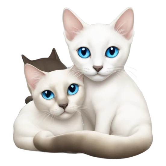 A white siamese kitten snuggled up to a white Siamese cat. Both cats are surrounded by many colourful fish  sticker