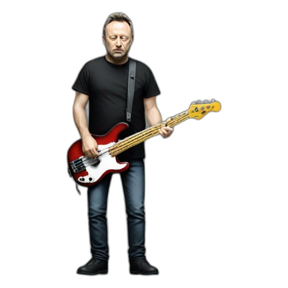 photo realistic Peter Hook from Joy Division, playing black bass guitar, standing, full body, front view sticker
