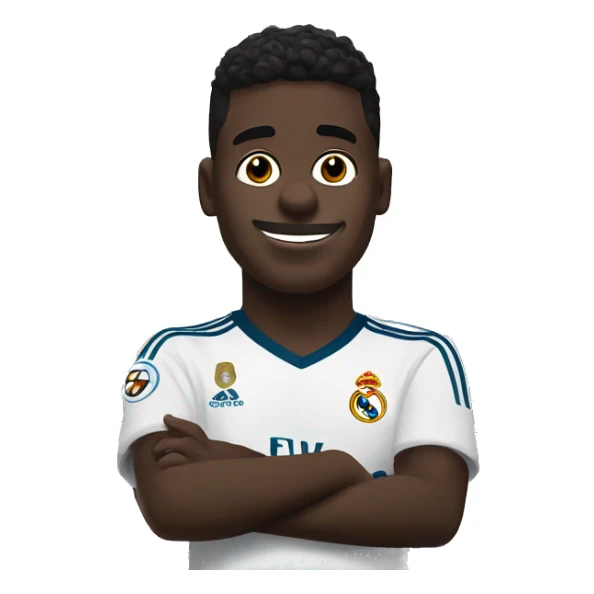 Create a crying Vinicius emoji in Real Madrid gear next to the Santiago Bernabéu stadium sticker