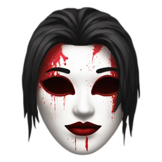 Mask with a pale complexion with heavy makeup and disheveled black hair, adorned with red splatters sticker