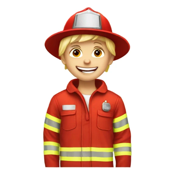 Blonde boy wearing a fire hat and playing with a firetruck sticker