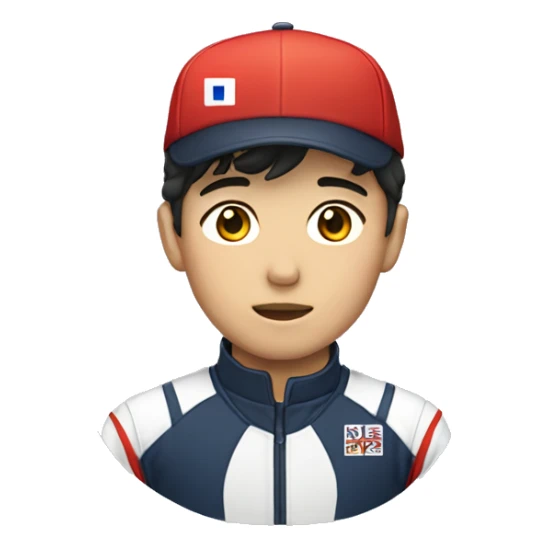 young guy with small wavy hair korean race suit with side profile and hat sticker