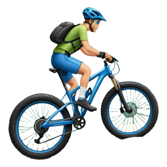An icon featuring a mountain bike with wide tires, positioned on a forest trail or rocky mountain road. The background shows dense trees, steep slopes, and distant peaks under a clear blue sky. Transparent background highlights the thrill and rugged beauty of mountain biking. sticker