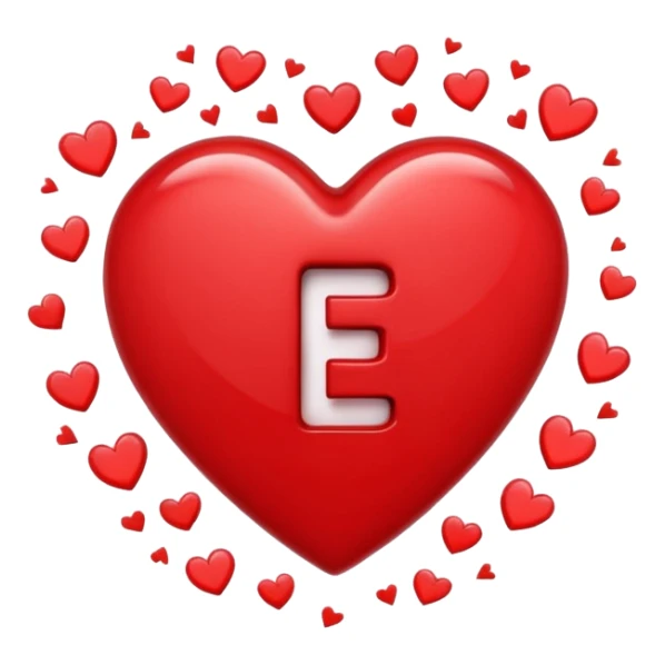 Small broken heart emojis around the letter E sticker