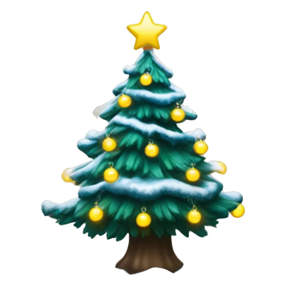 Dark Green Christmas tree with snow on it. blue & white Christmas ornaments on it. Yellow fairy lights. sticker