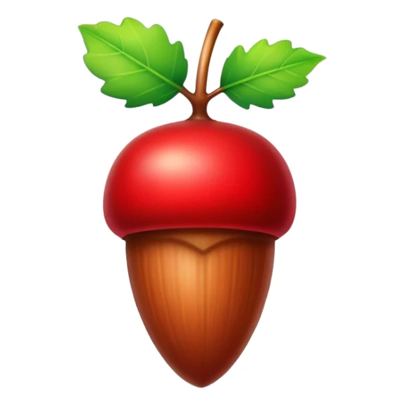 A vibrant red acorn with a glossy finish, featuring a small green leaf attached to the stem, set against a simple background to highlight its bold color and natural charm. sticker