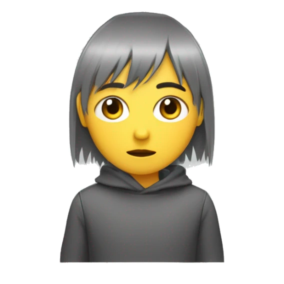 Persona de flequillo que cubre su cara dejando ver sus ojos, coleta, de cabello rojizo y polera manga corta gris con una cara amarilla con ojos en forma de equis y la boca triste sticker