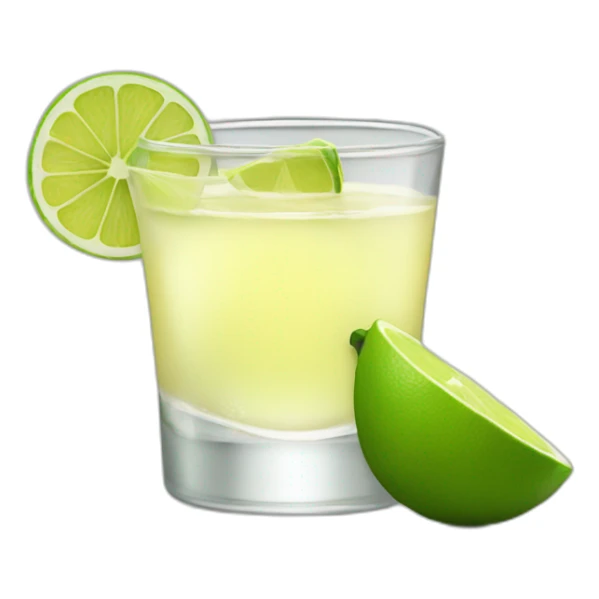 A single tequila shot with slice of green lemon piece sticker