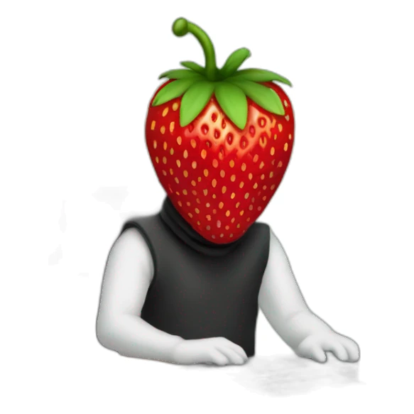 a human with a strawberry head sitting in front of a computer, wearing a balaclava and looking mischievous. sticker