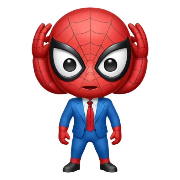 A cute caricature Spider-Man emoji, chibi style, oversized head and tiny body, big expressive white eyes, simplified red and blue suit, thick black outlines, glossy cartoon shading, friendly playful expression, clean vector style, centered face, emoji-sized, transparent background sticker