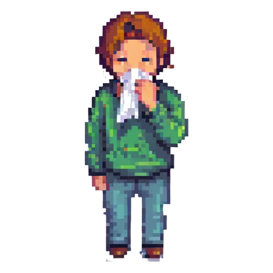 a man holding a tissue to his nose, pixel art style sticker