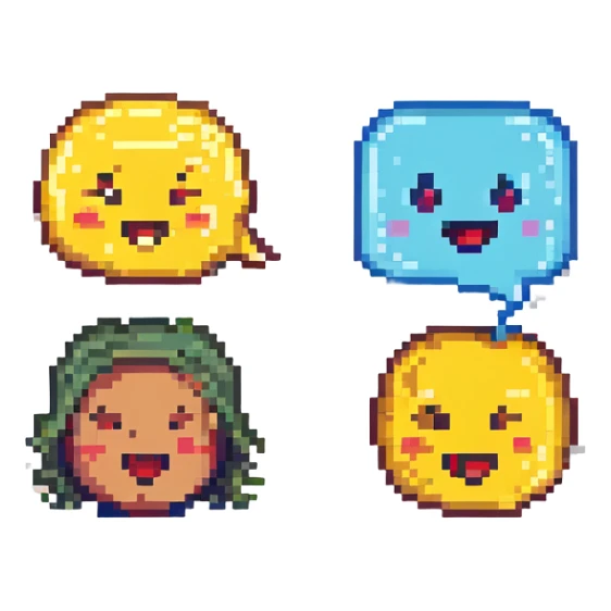two pixel art emojis talking to each other, clear facial expressions, speech bubbles sticker