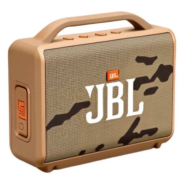 Desert camouflage JBL Go 4 speaker, tan and brown pattern, minimal design, simple form factor, portable audio device sticker