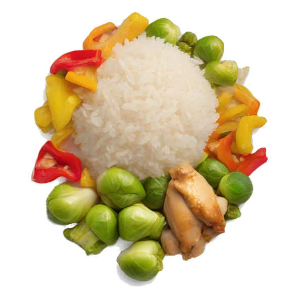 white plate with rice, diced cooked chicken, Brussel sprouts, cut up bell peppers sticker