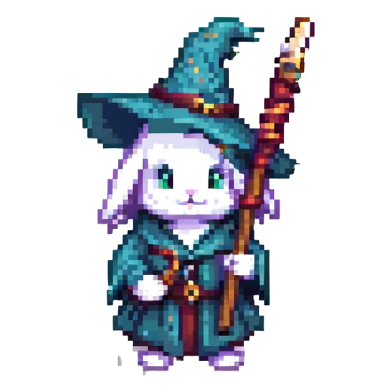 adolescent wizard bunny holding a staff, pixel art style sticker