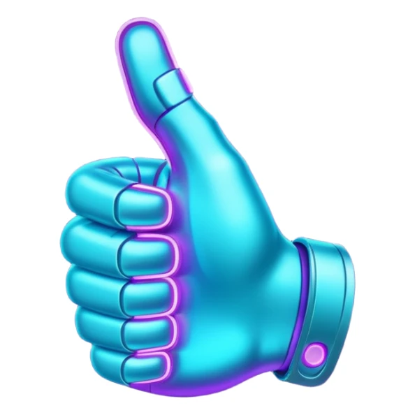 futuristic glowing thumbs up, neon purple and cyan light, dark background, digital tech style sticker